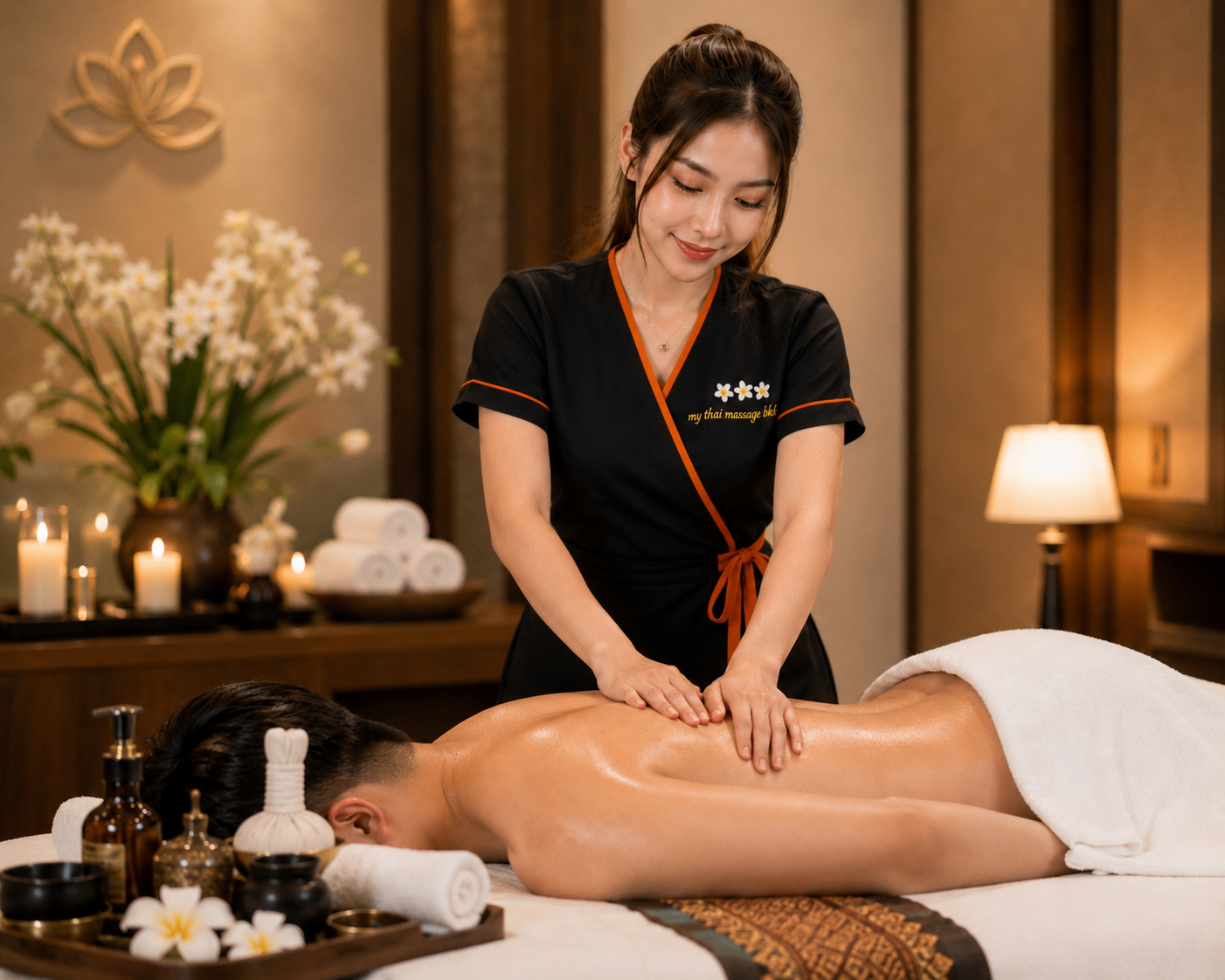 Therapist performing a back massage in a candlelit hotel room