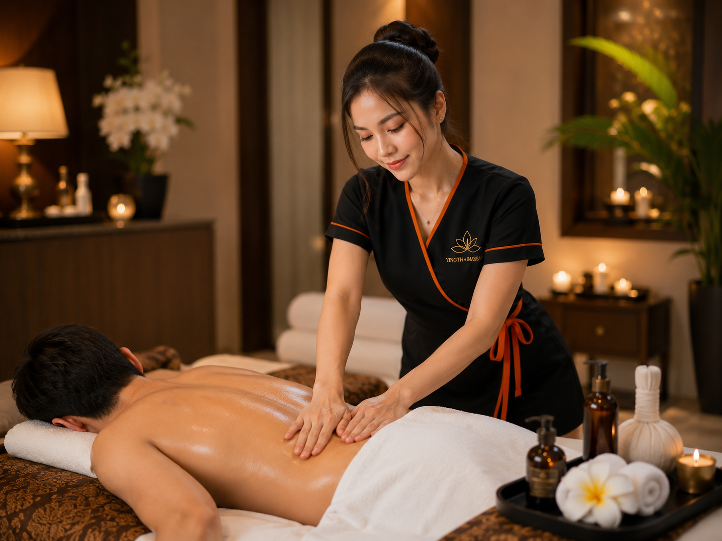 Aromatic oil massage in a warmly lit hotel suite