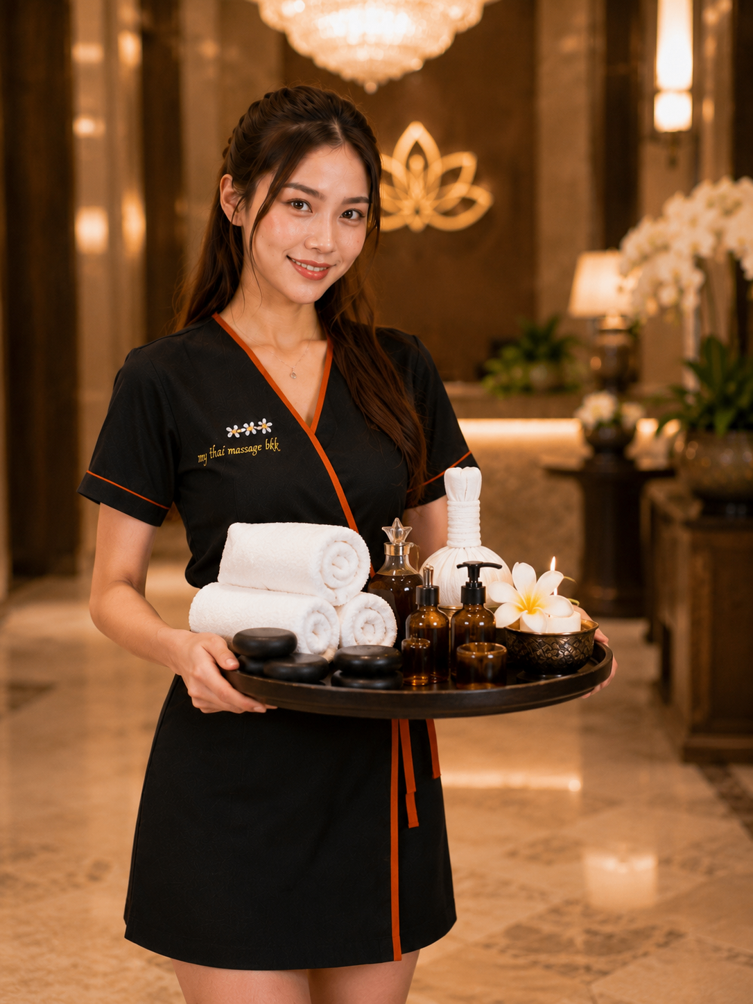Ying Thai therapist holding premium spa amenities tray in luxury hotel lobby