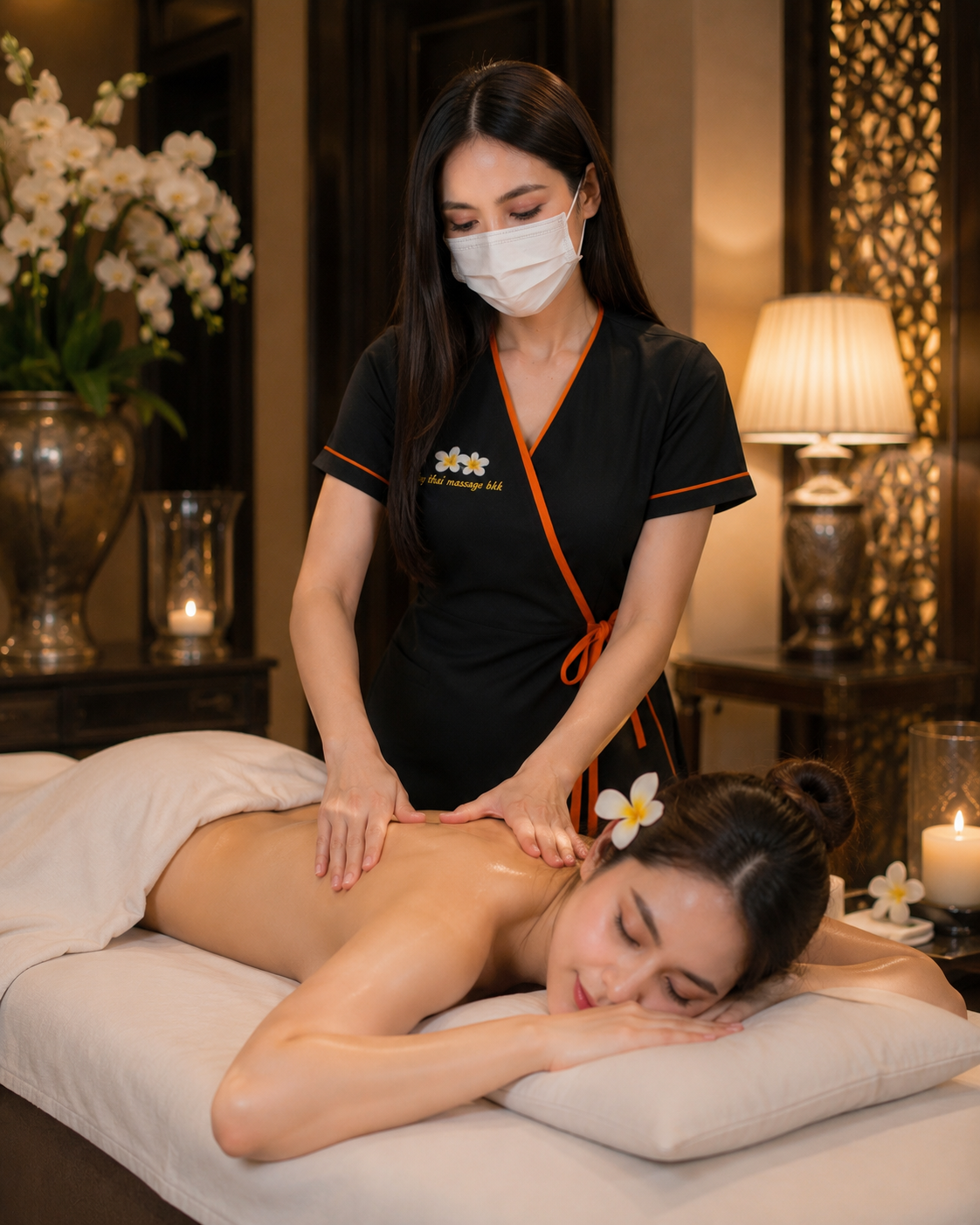 Masked therapist giving relaxing oil massage in a warm hotel suite