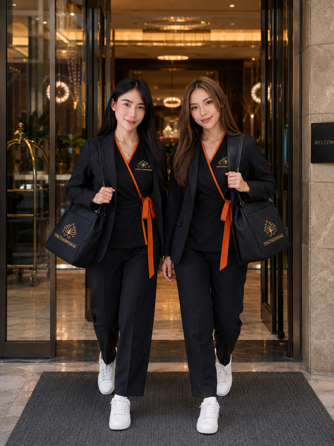 Two Ying Thai therapists arriving at hotel entrance in formal uniforms
