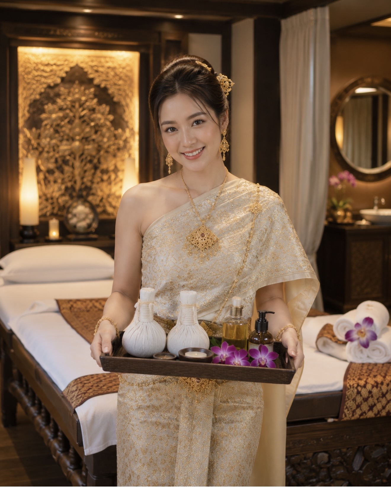Hostess in traditional Thai dress holding a tray of herbal balm, compress balls, massage oils and orchids — Ying Thai Massage