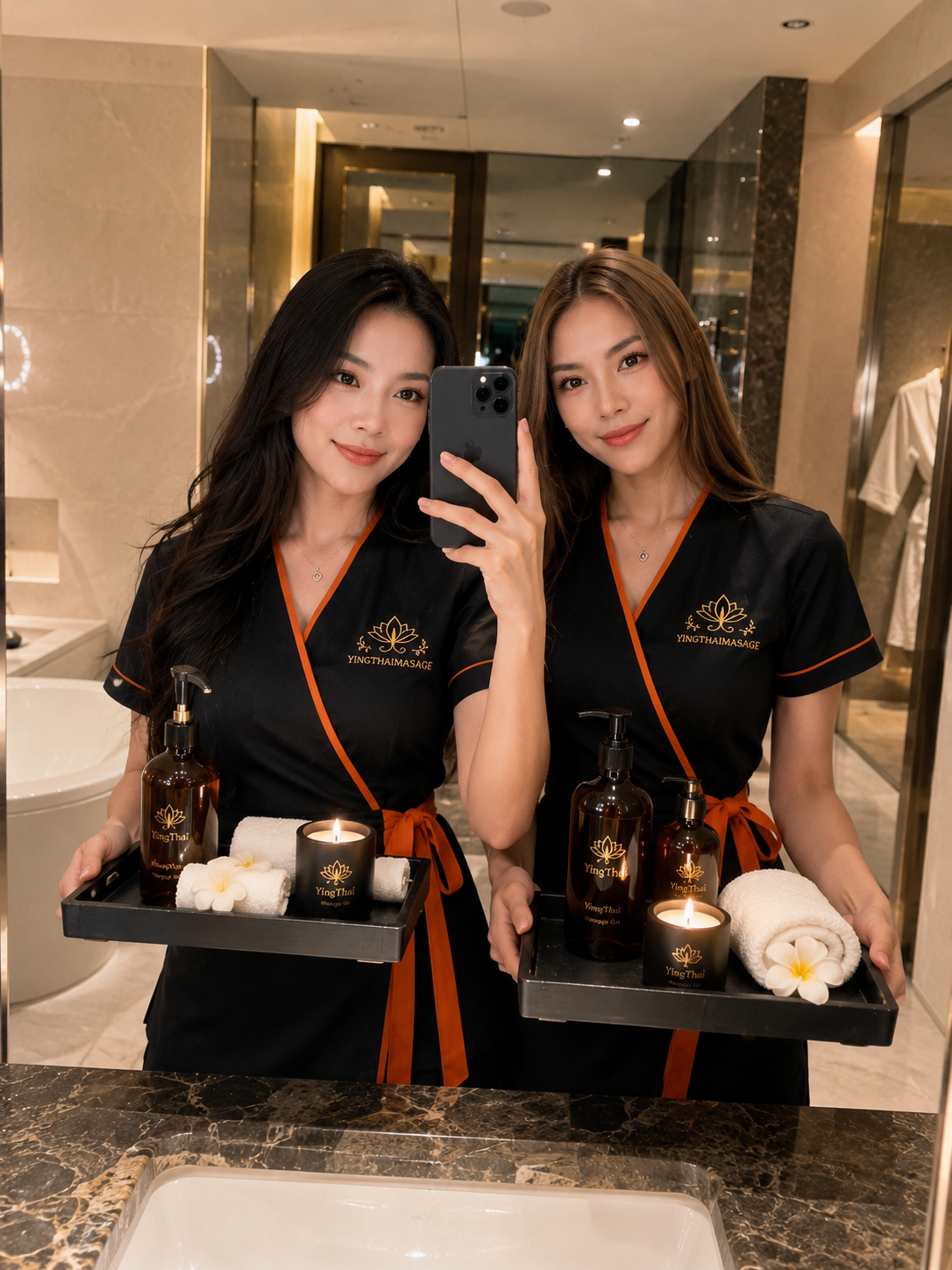 Therapists presenting premium massage amenities in a luxury hotel suite