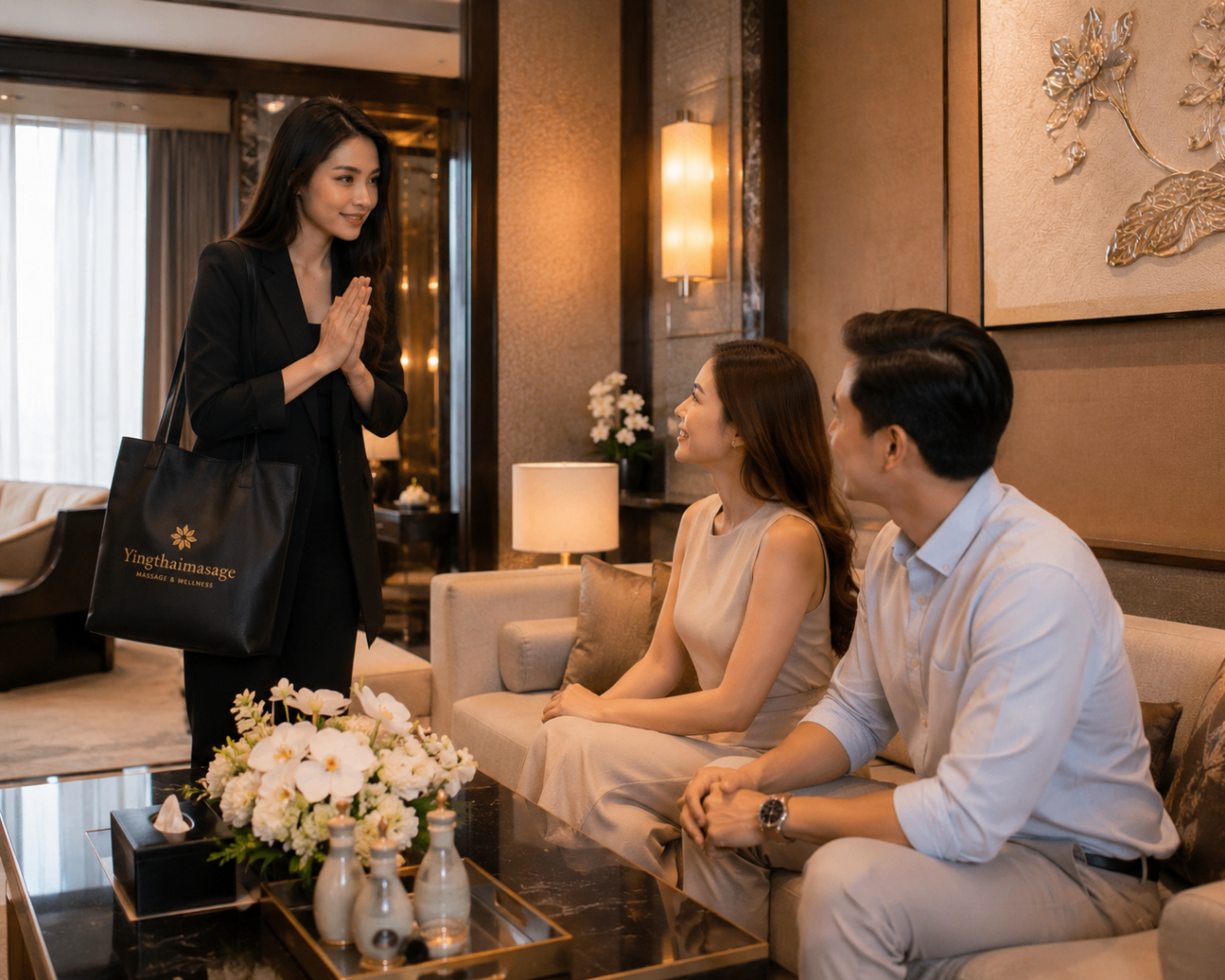Warm in-room guest greeting before a private massage session