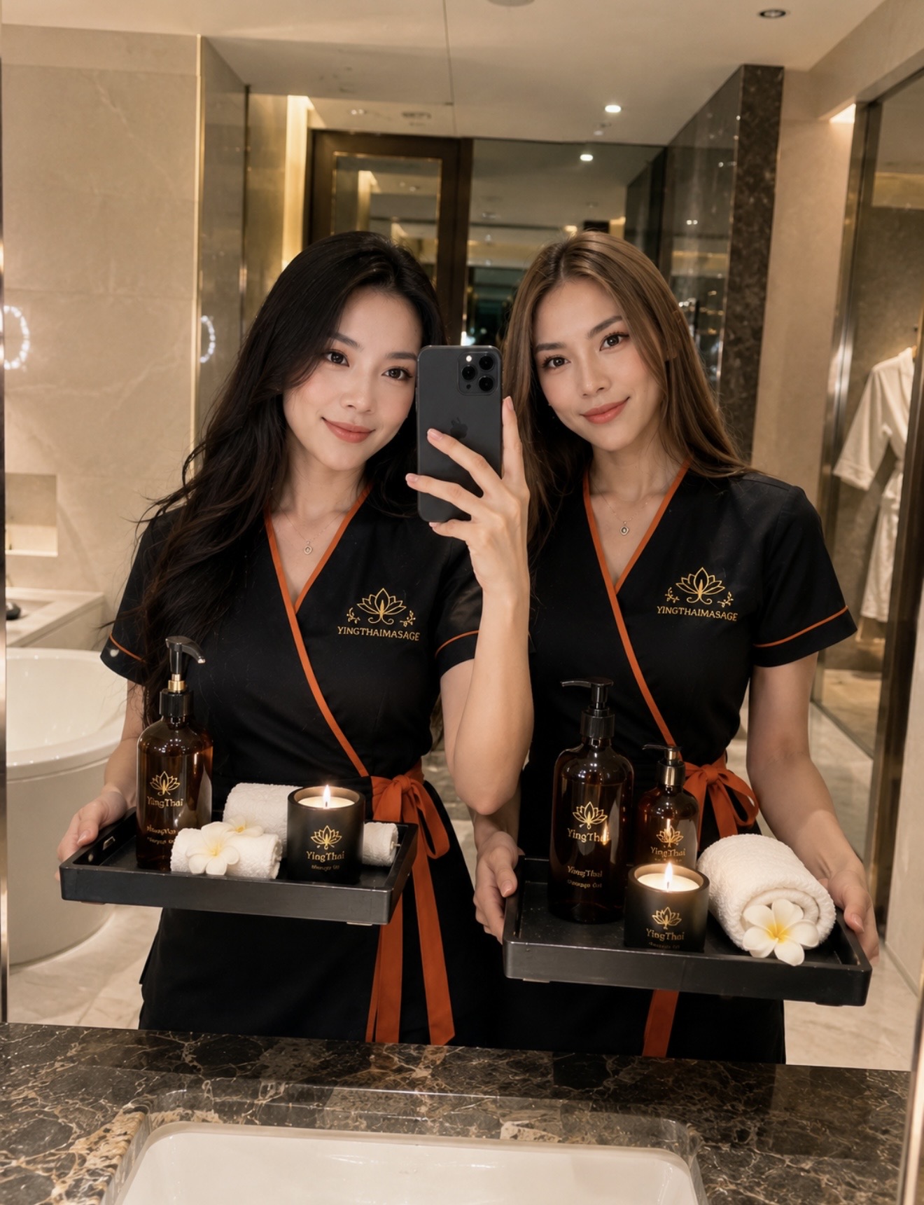 Two Ying Thai therapists with spa trays in hotel mirror portrait