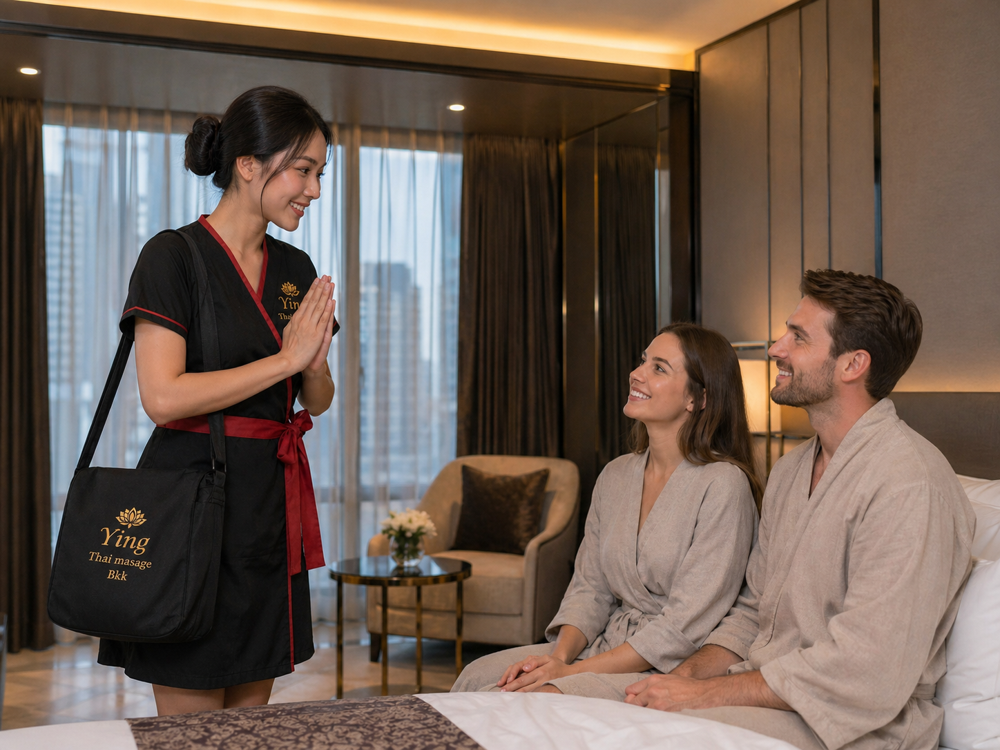 Therapist greeting couple in hotel suite