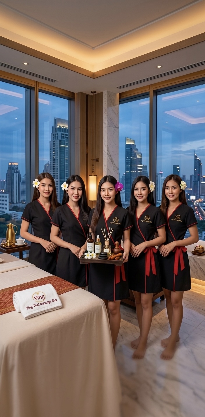Ying Thai Massage team in branded uniforms with Bangkok skyline view