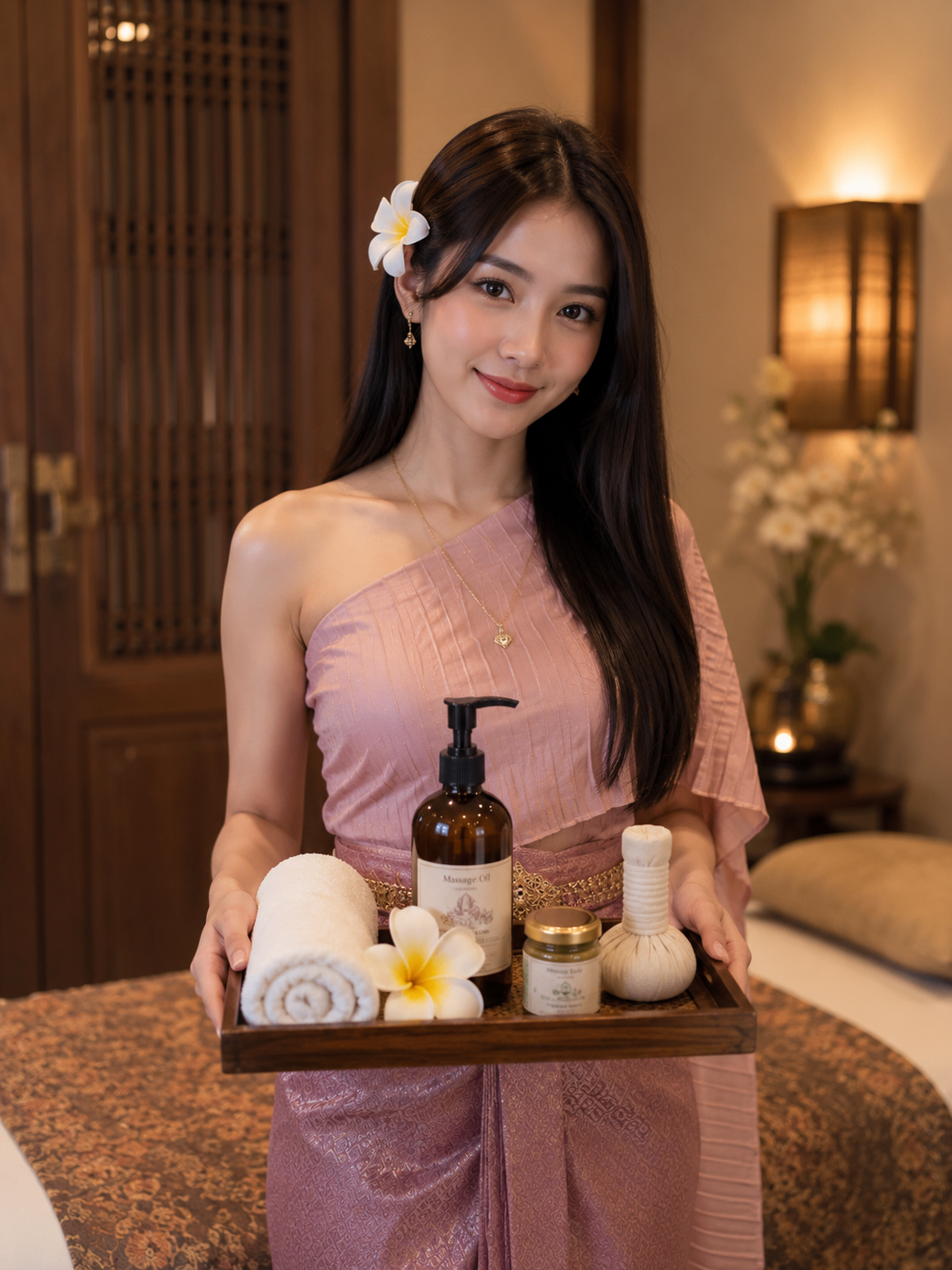Therapist holding signature oil tray