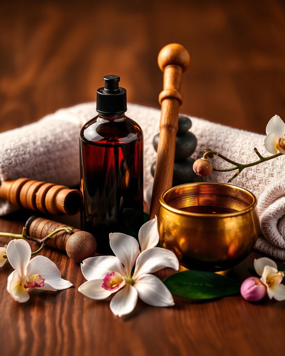 Amber oil bottle, wooden massage tools, brass bowl and orchids