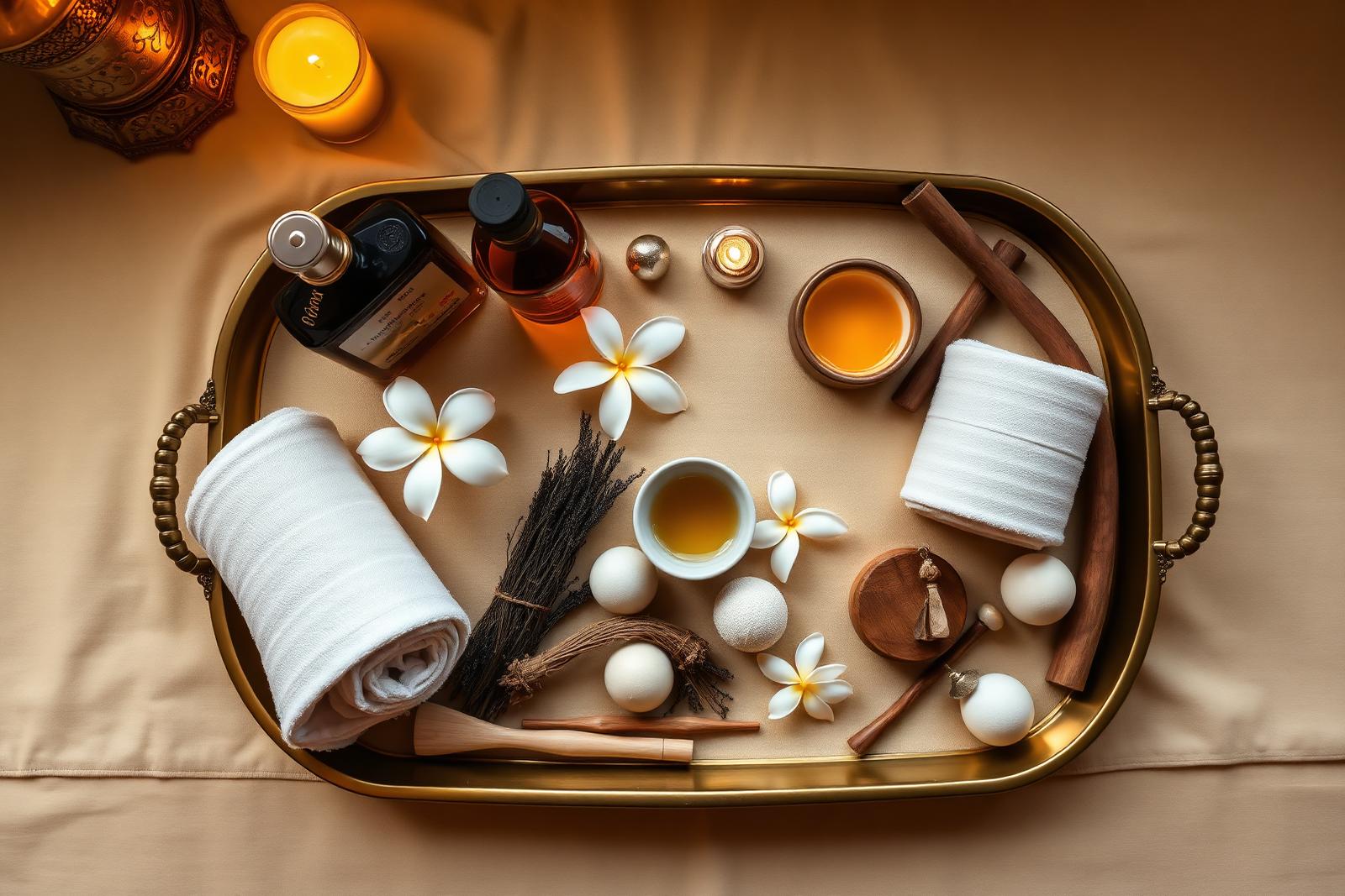Brass tray with massage oil bottles, rolled towels, plumeria flowers and herbal compress